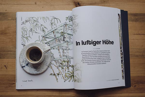 Blick ins NEST Magazin: Beitrag „In luftiger Höhe“ über ein Baumhaus aus Bambus. Foto: Inga Schnepel.